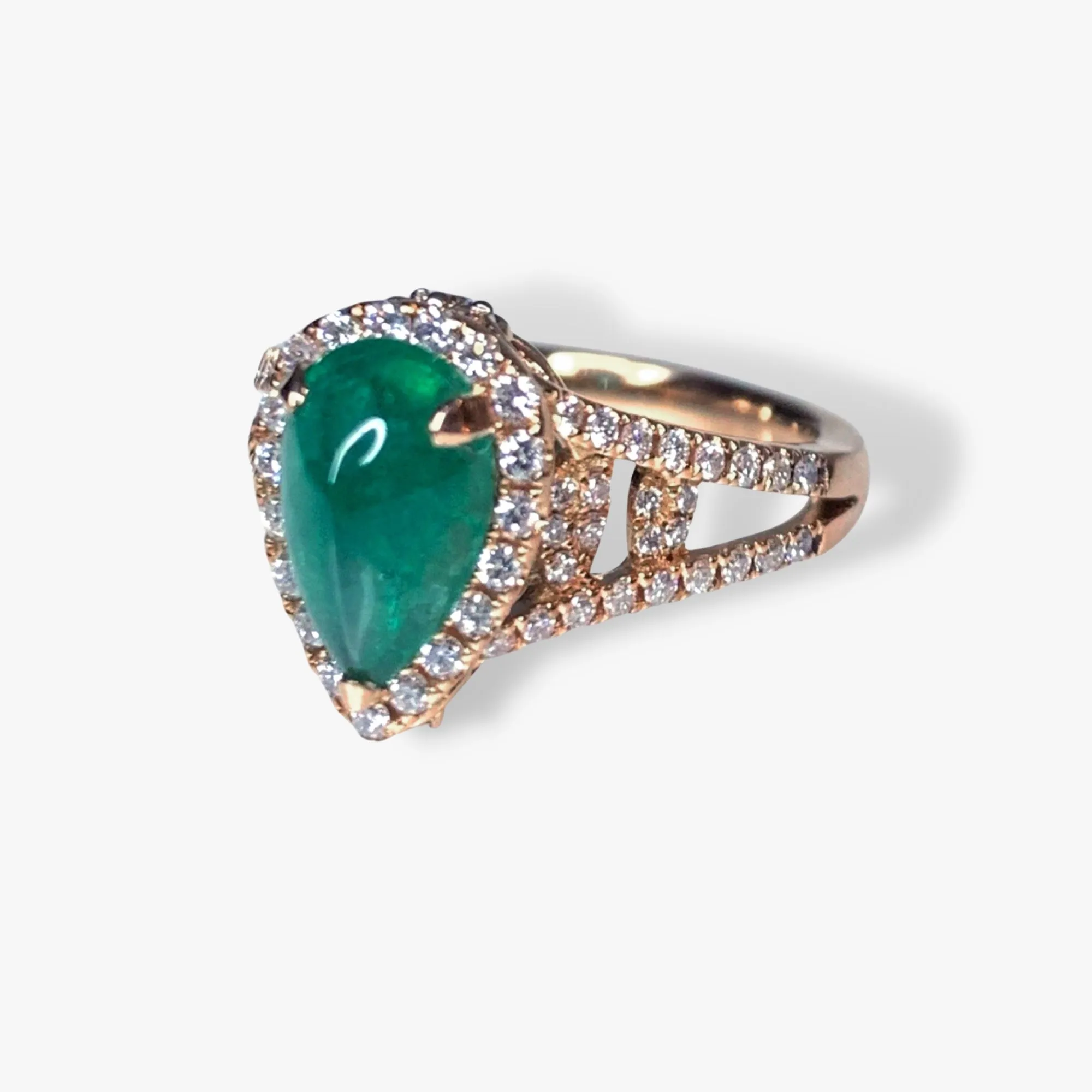 18k Rose Gold Pear-Shaped Cabochon Emerald Diamond Halo Ring