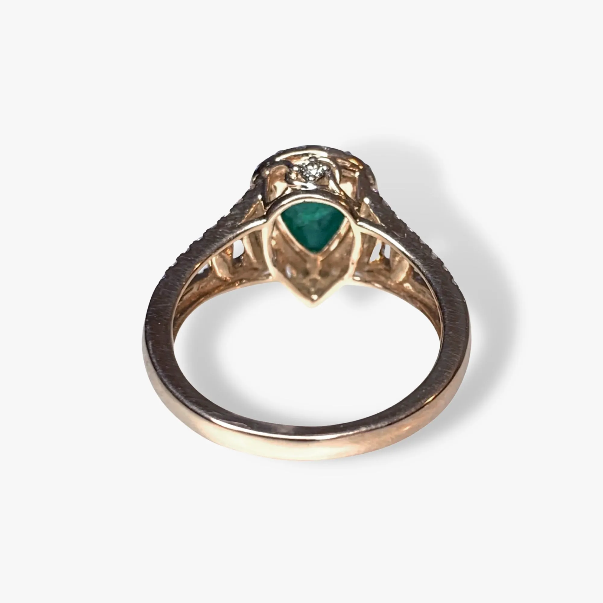 18k Rose Gold Pear-Shaped Cabochon Emerald Diamond Halo Ring