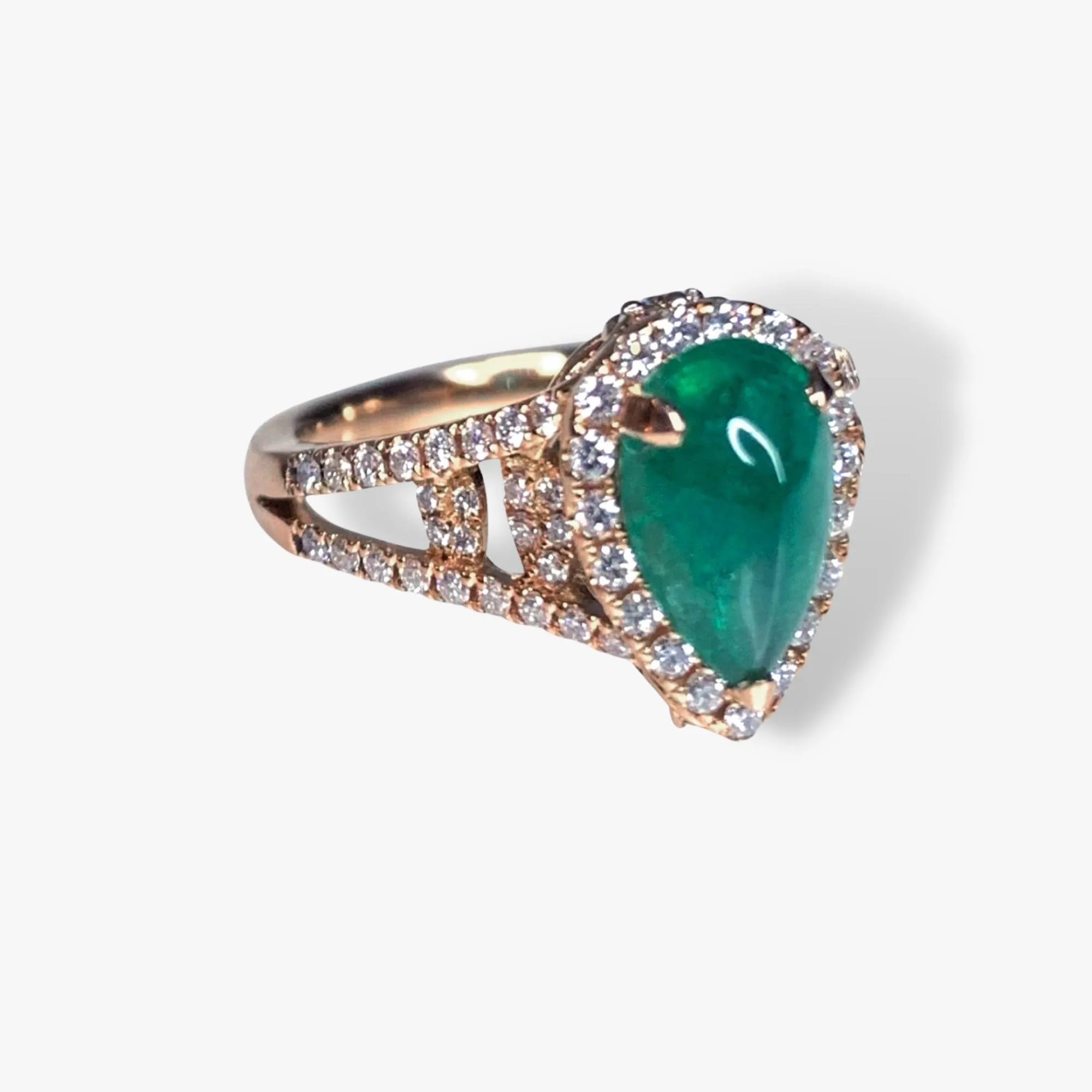 18k Rose Gold Pear-Shaped Cabochon Emerald Diamond Halo Ring