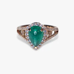 18k Rose Gold Pear-Shaped Cabochon Emerald Diamond Halo Ring