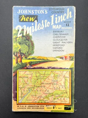 1950s Johnston's 2 Miles to 1" Cloth Map of COTSWOLD COUNTRY Sheet 12.