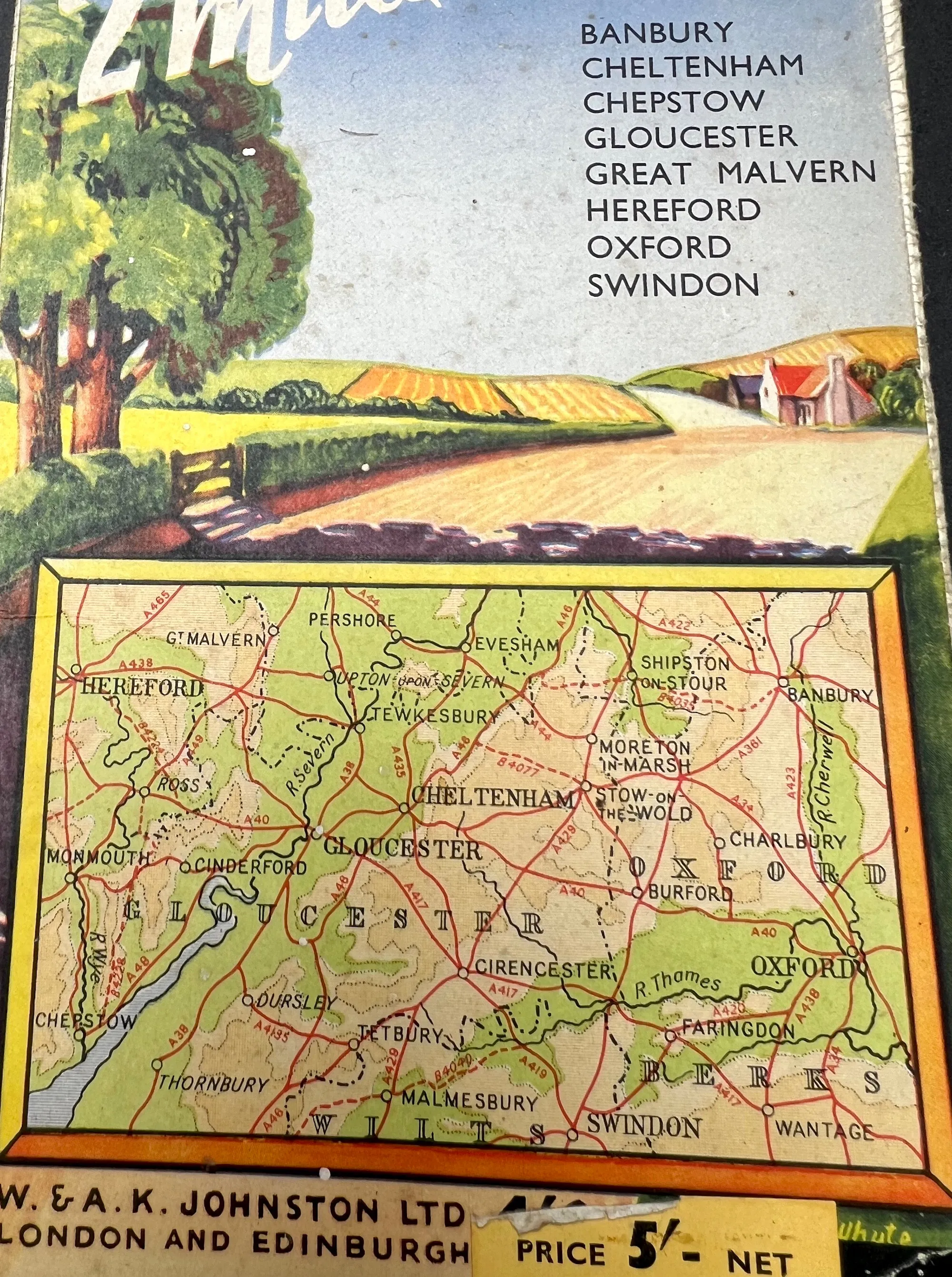 1950s Johnston's 2 Miles to 1" Cloth Map of COTSWOLD COUNTRY Sheet 12.