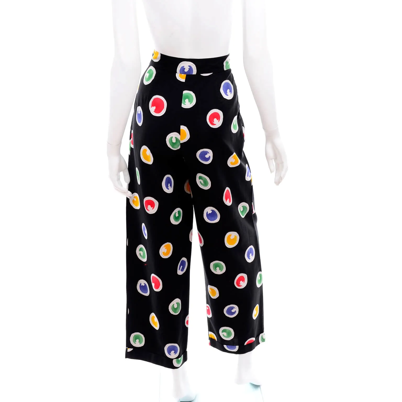 1980s Patrick Kelly Vintage Pants Abstract Circle Button Print Black Trousers