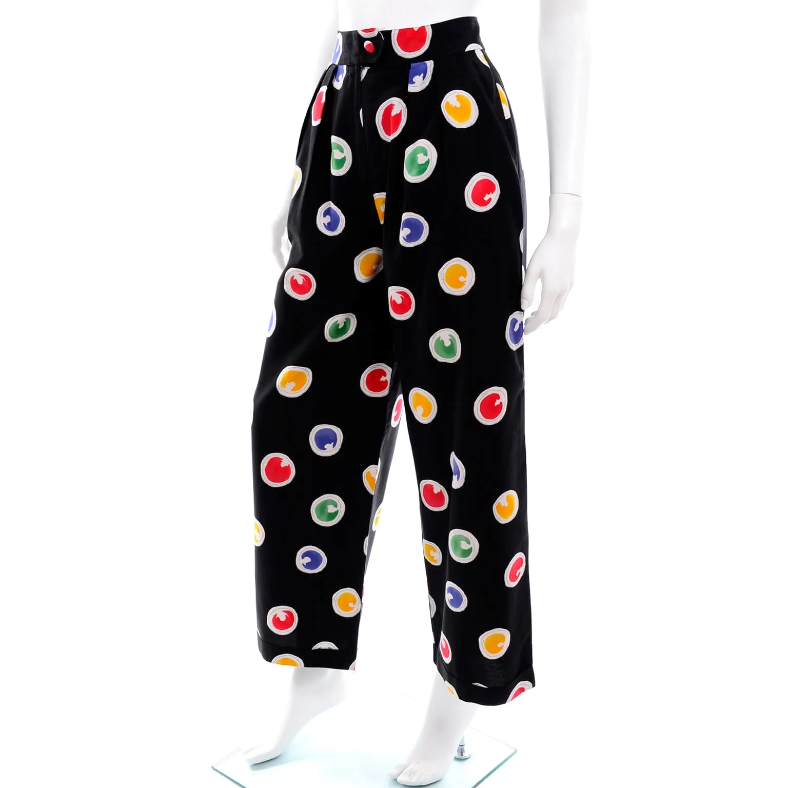 1980s Patrick Kelly Vintage Pants Abstract Circle Button Print Black Trousers