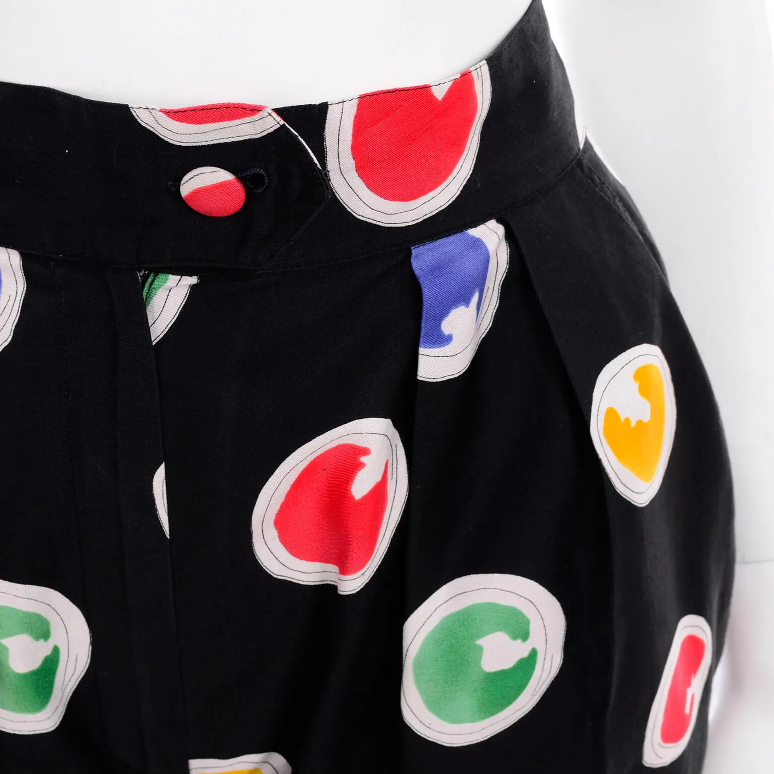 1980s Patrick Kelly Vintage Pants Abstract Circle Button Print Black Trousers