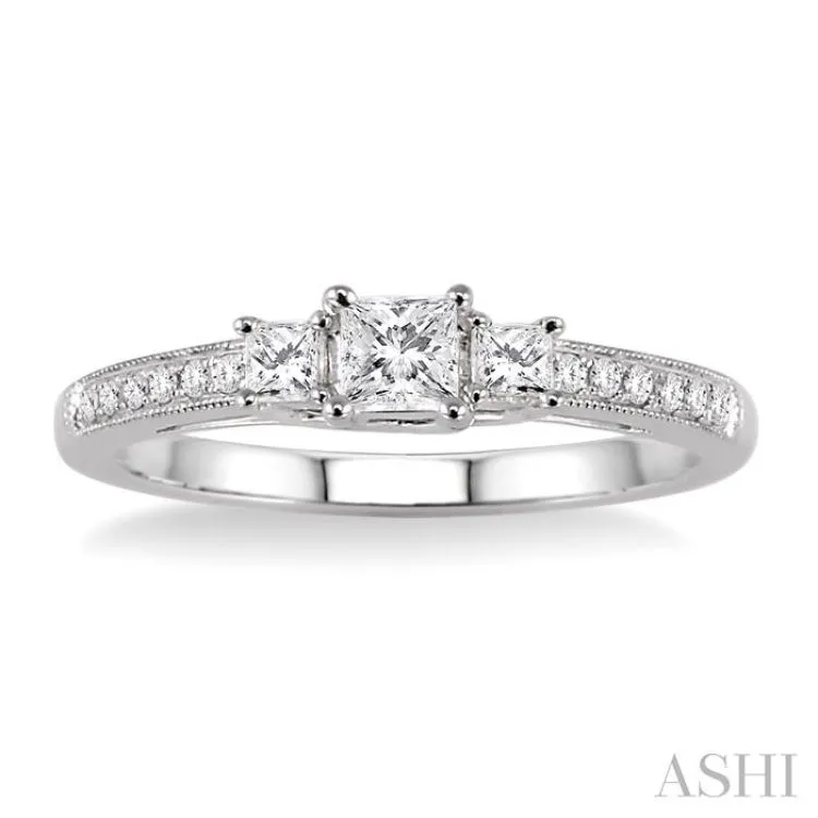 3/8 Ctw Diamond Engagement Ring with 1/5 Ct Princess Cut Center Stone in 14K White Gold