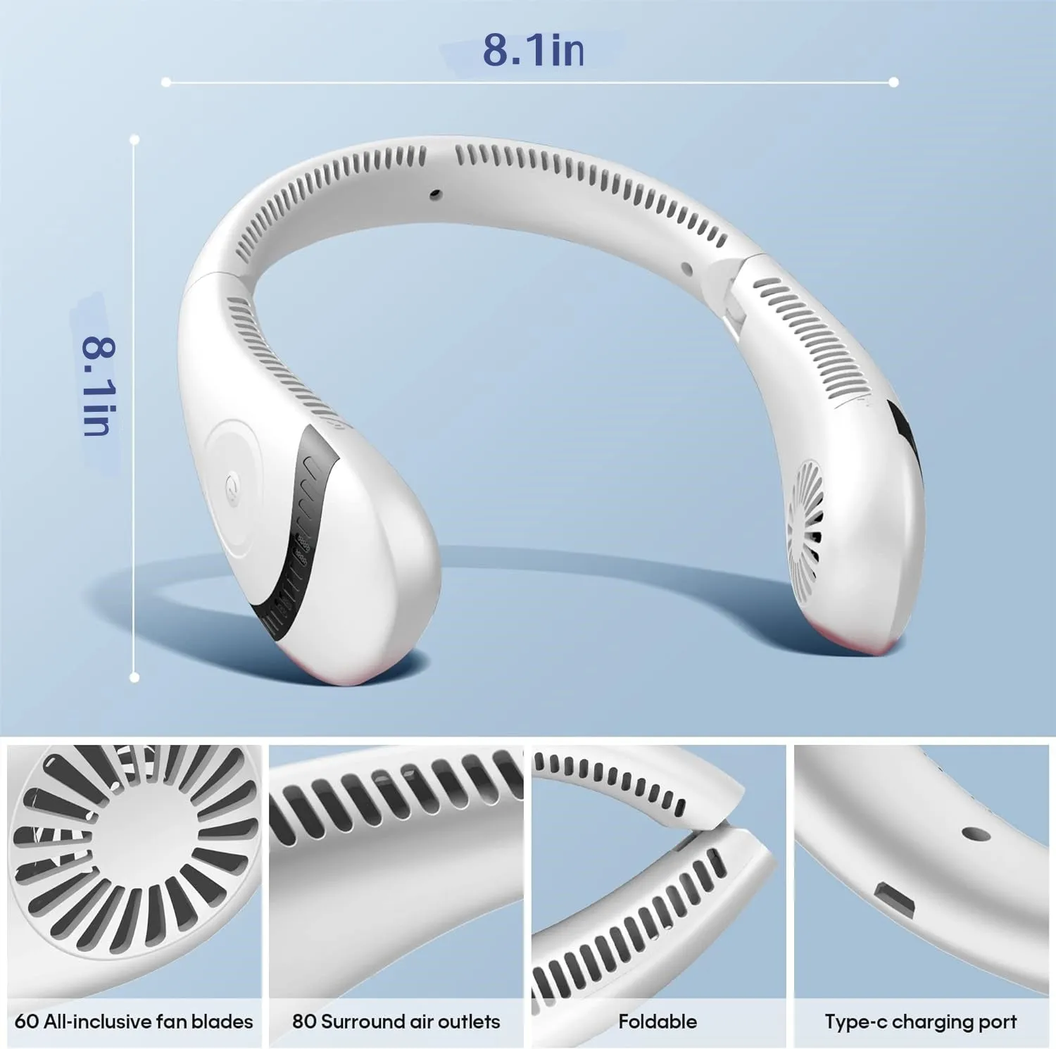 5000mAh Foldable Bladeless Neck Fan, 3-Speed Portable