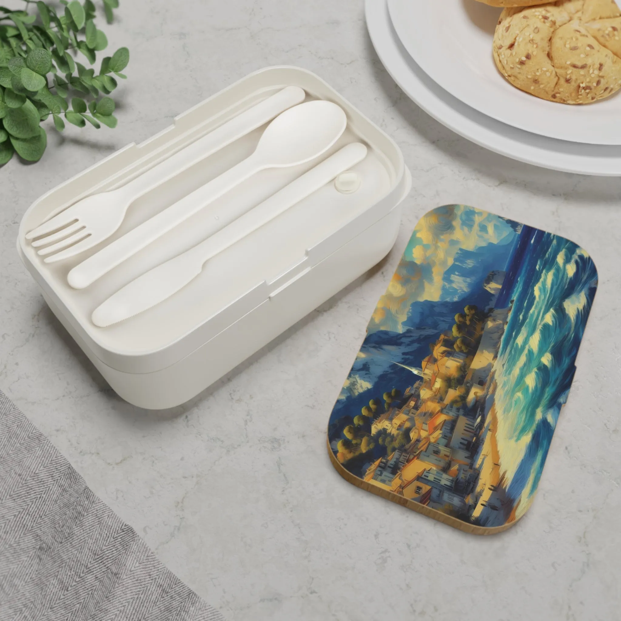 A wavy sea and houses on the beach Bento Lunch Box