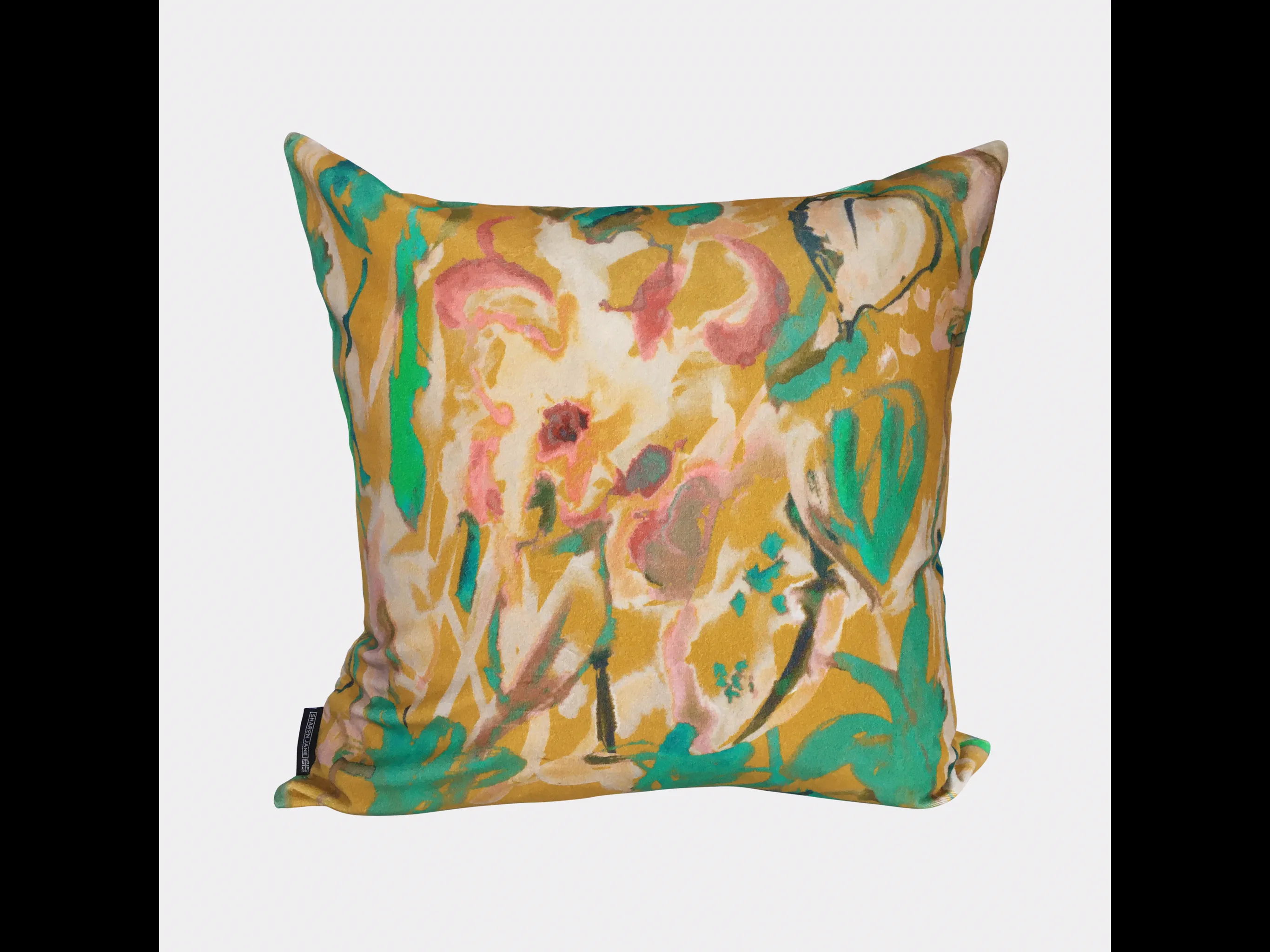 Abstract Floral Velvet Cushion - Yellow