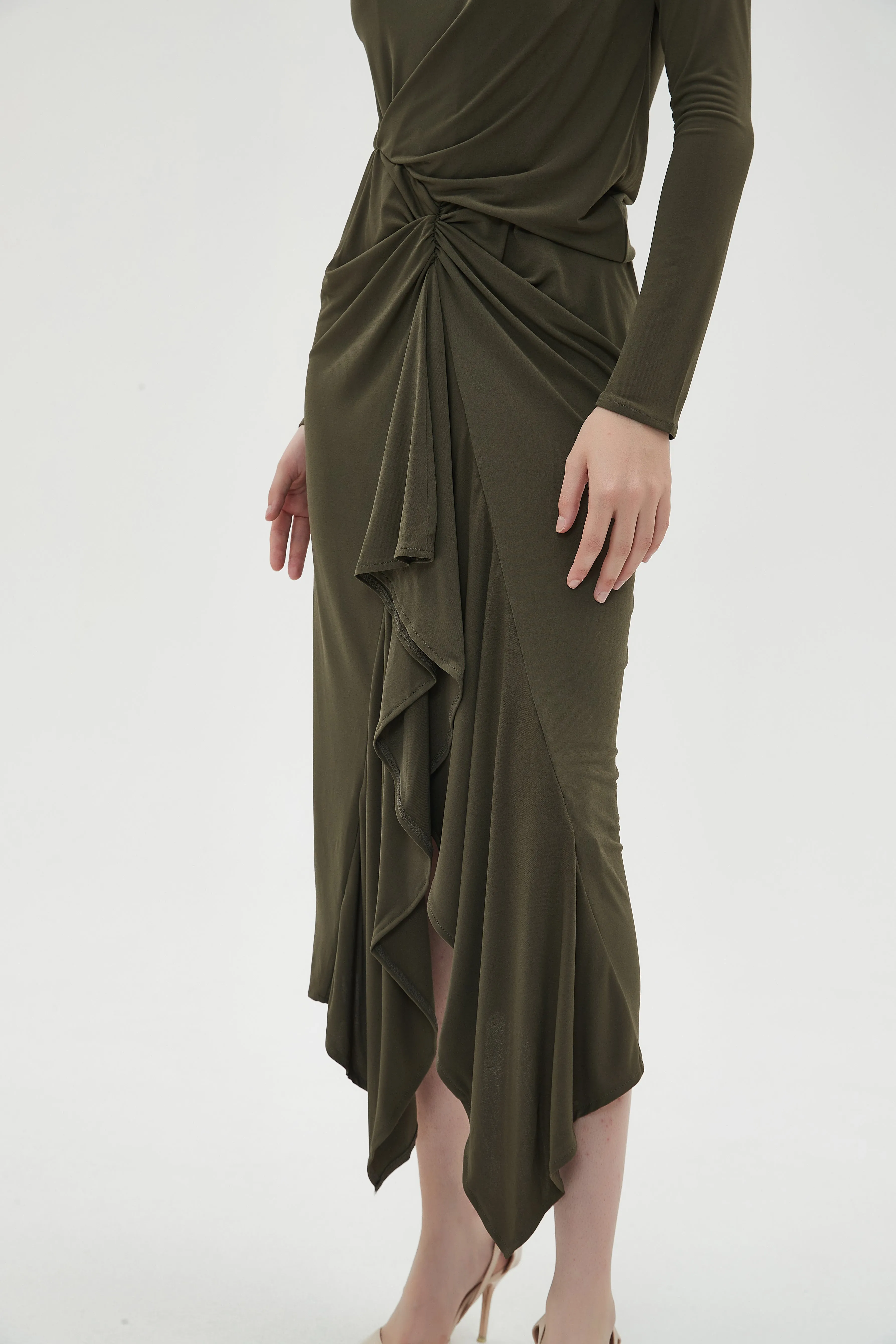 ALL OVER RUCHED DRESS byMM - OLIVE GREEN