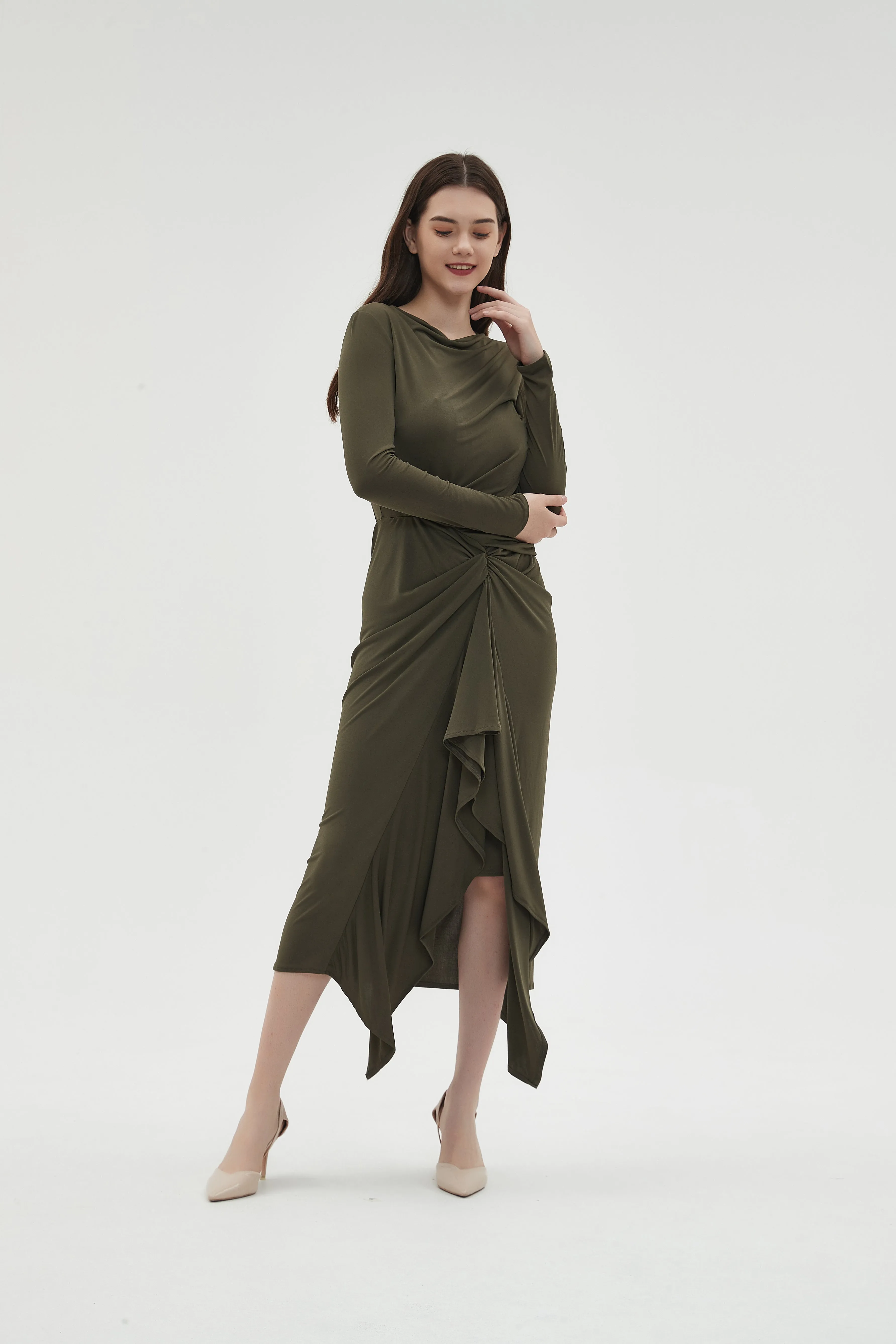 ALL OVER RUCHED DRESS byMM - OLIVE GREEN