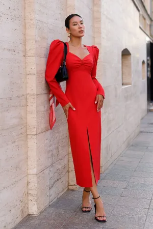 Anne Red Puff Sleeve Midi Dress