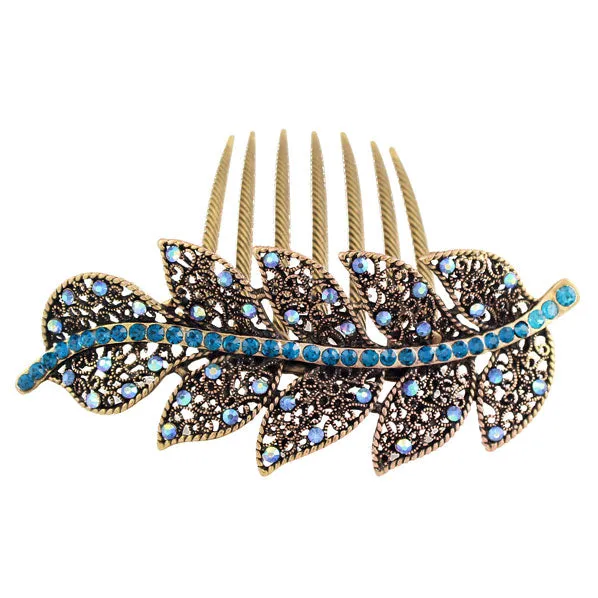 Antique Brass Rhinestone Leaf  French Twist Comb