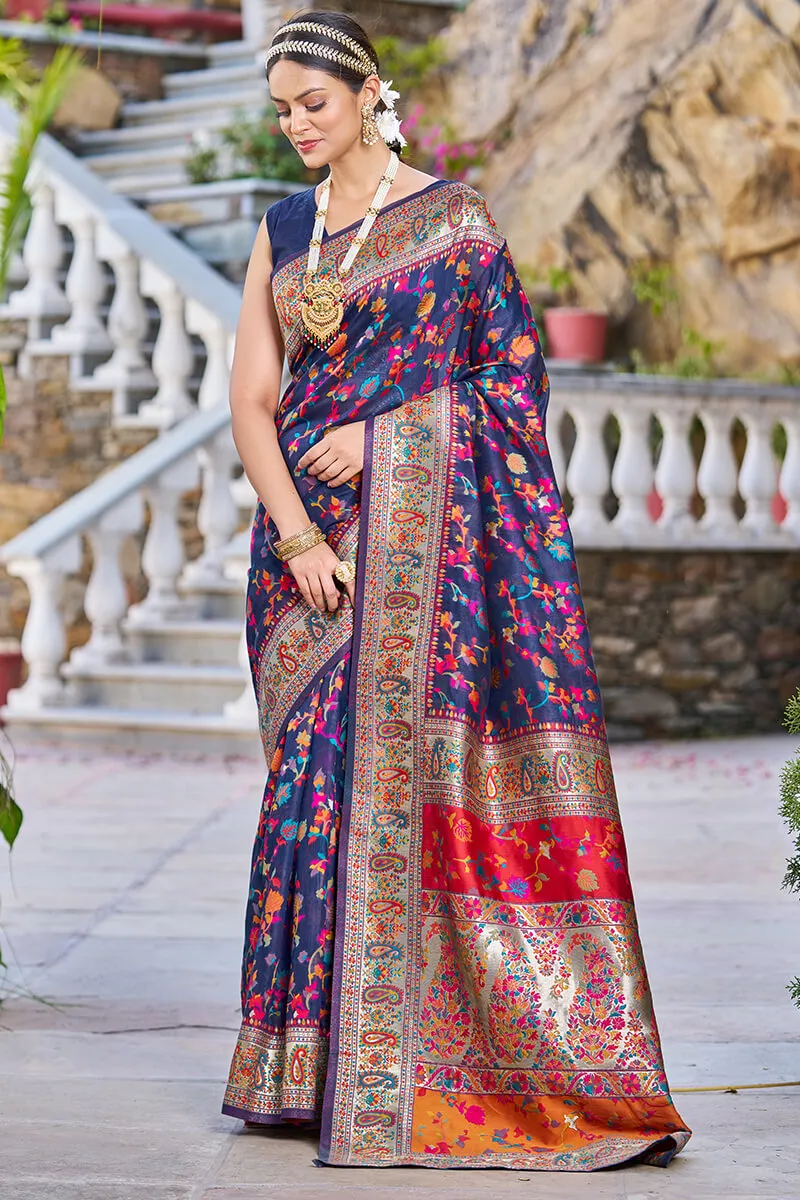 Appealing Navy Blue Pashmina saree With Sumptuous Blouse Piece