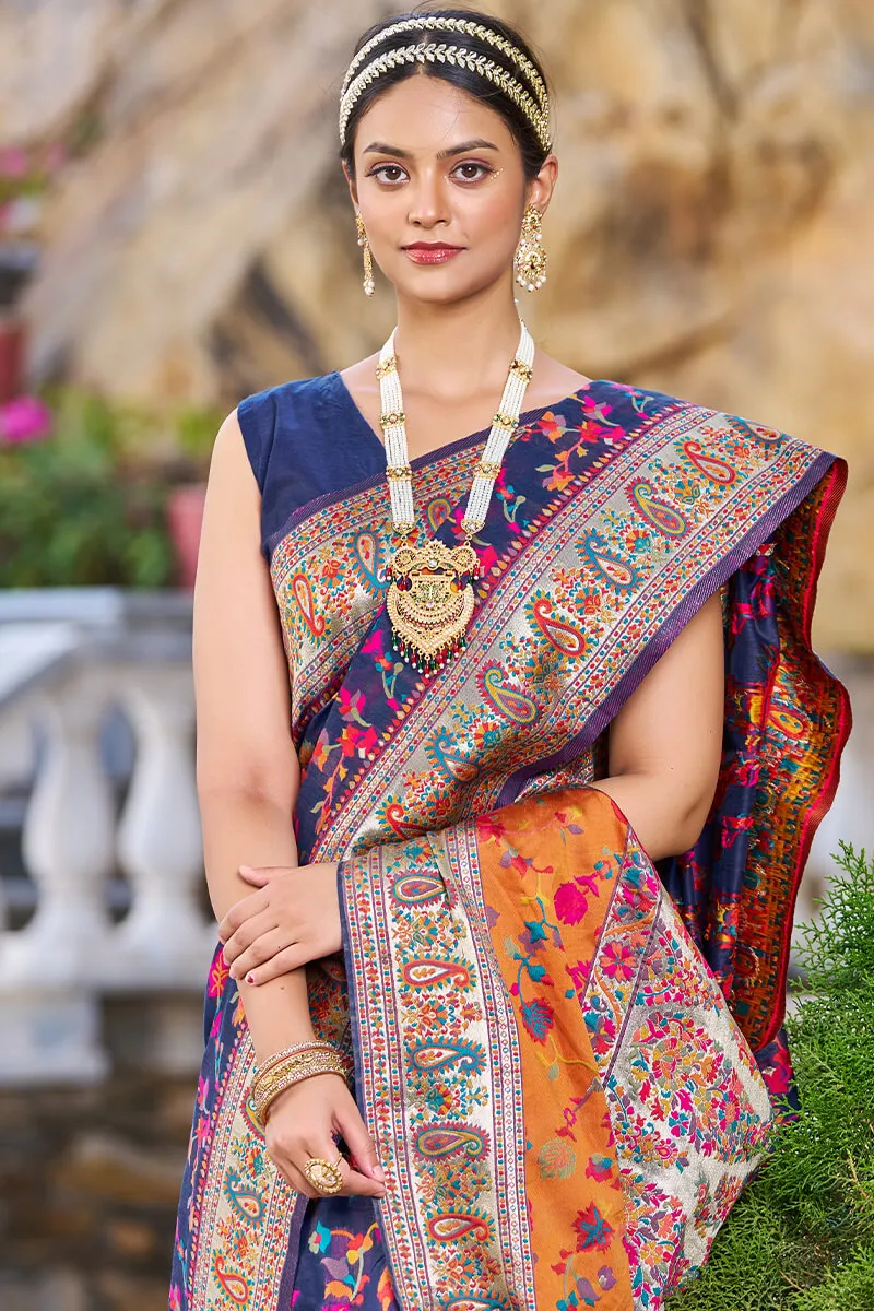 Appealing Navy Blue Pashmina saree With Sumptuous Blouse Piece