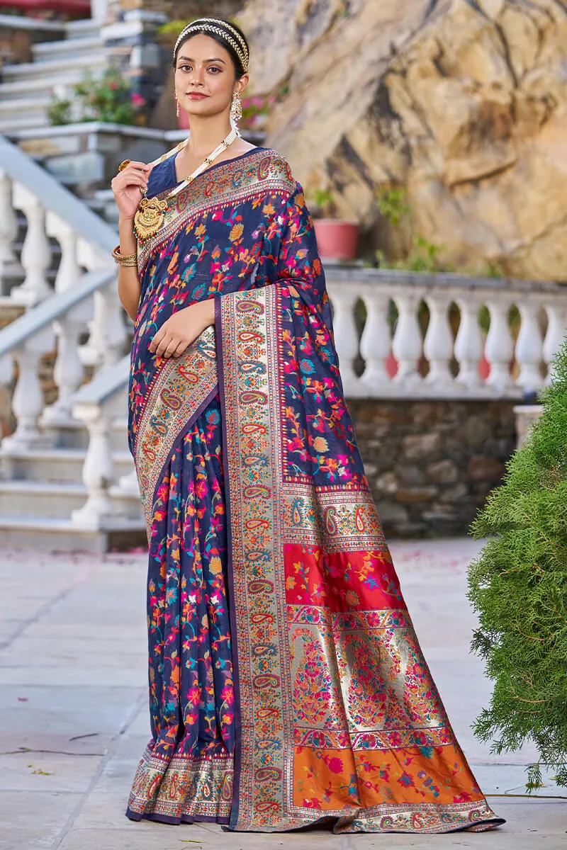 Appealing Navy Blue Pashmina saree With Sumptuous Blouse Piece