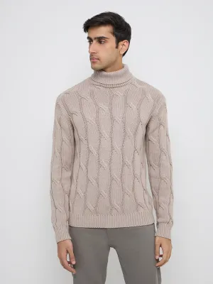 Ascot Taupe Knit-Textured Relaxed Fit Cotton Sweater