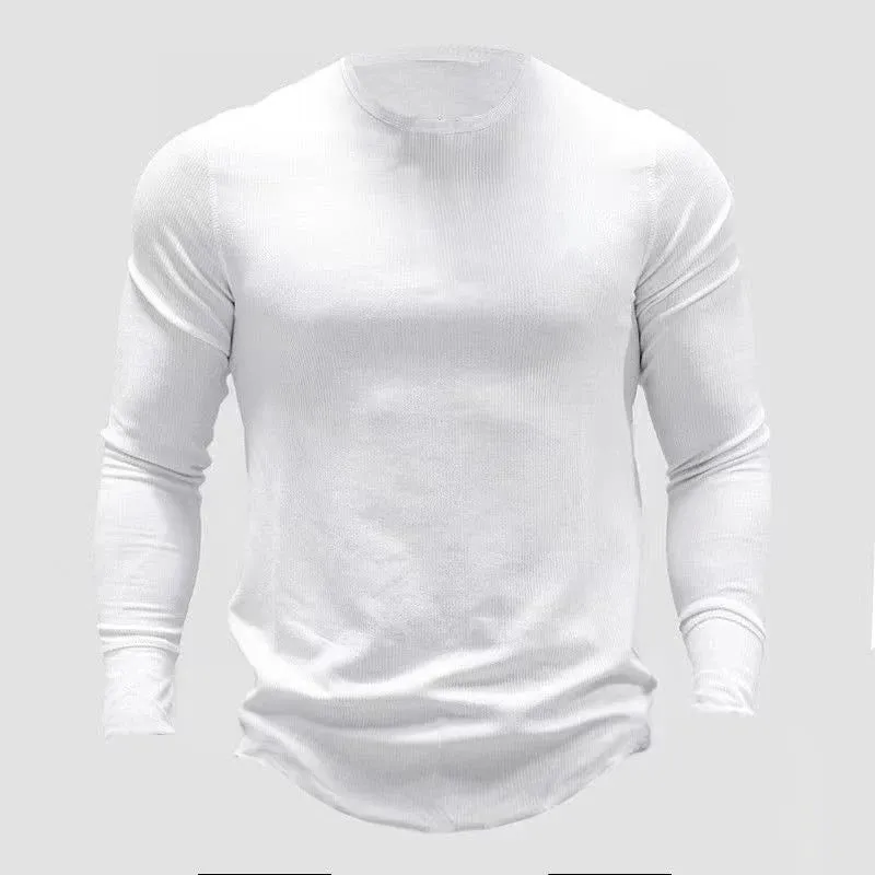 Autunmn Mem's T-shirts Round Neck Long Sleeve Gym Wear Solid Color Casual Male Pullover Tee Minimalist 9C6641