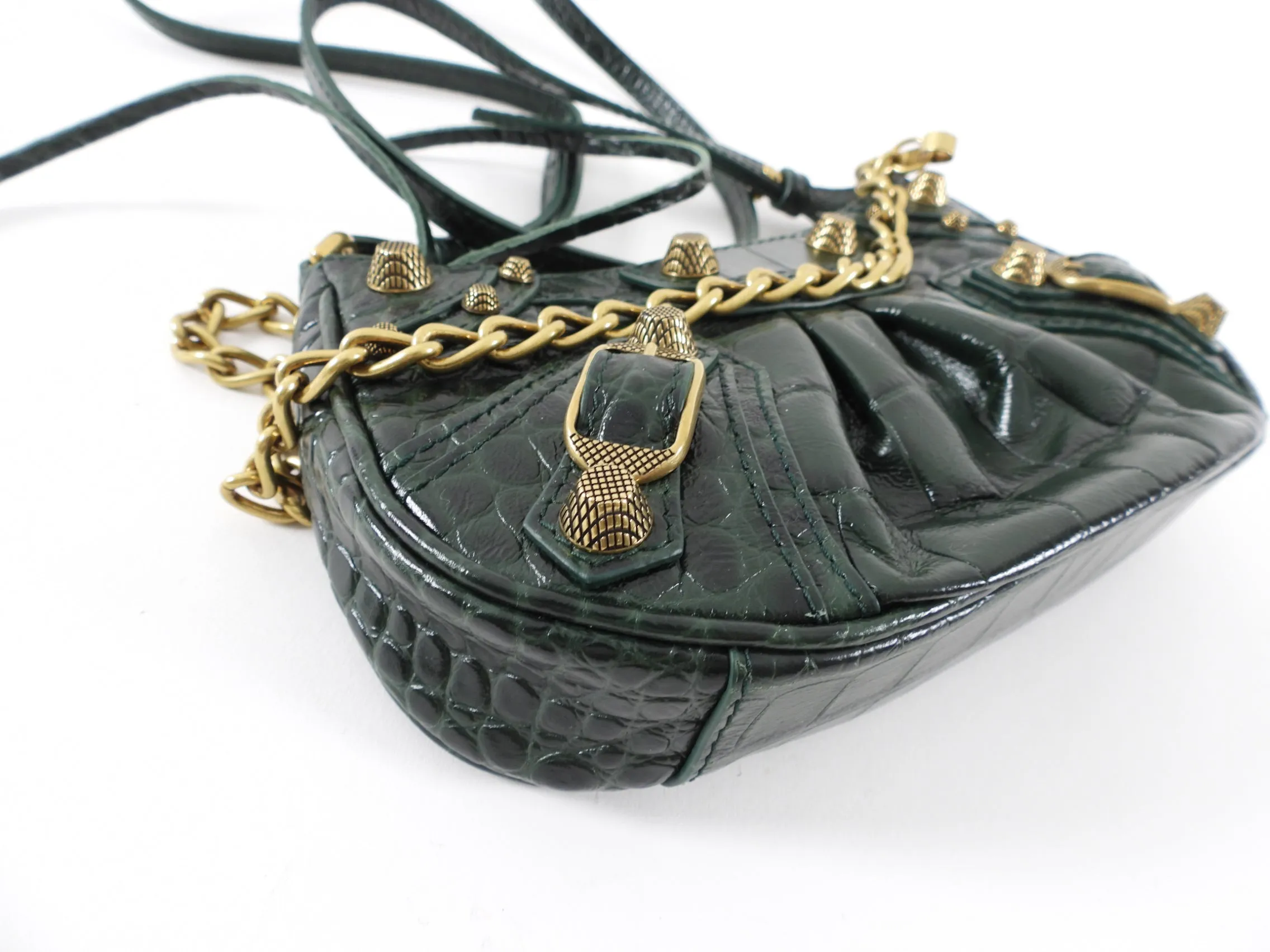 Balenciaga Dark Green Croc Embossed Cagole XS Chain Bag