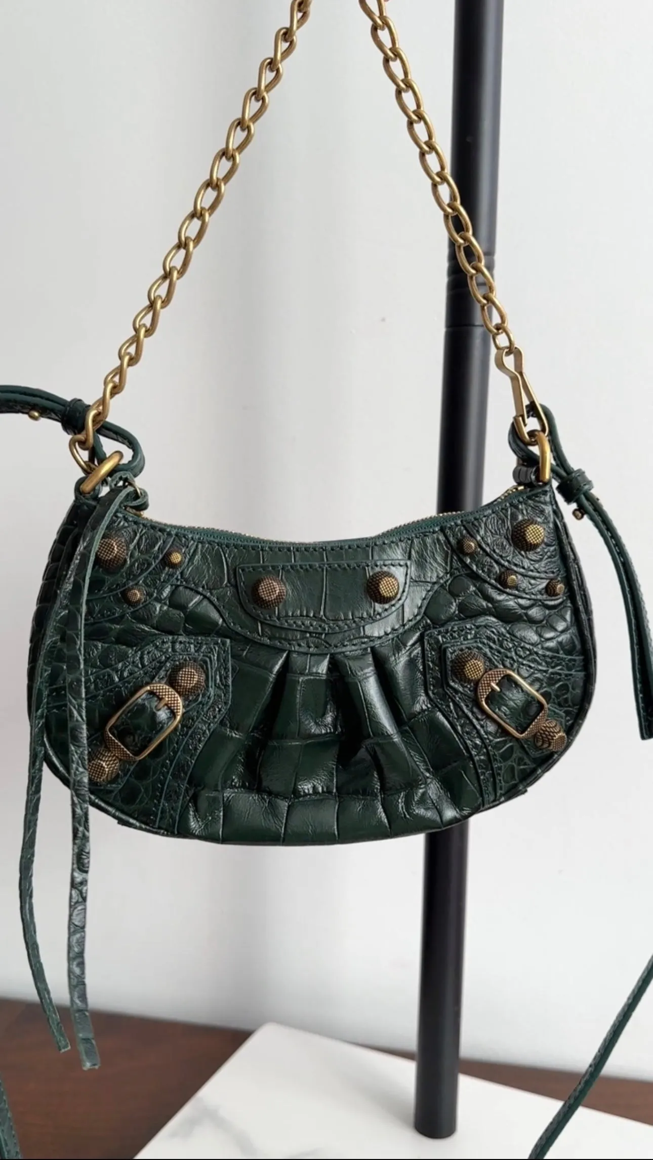 Balenciaga Dark Green Croc Embossed Cagole XS Chain Bag