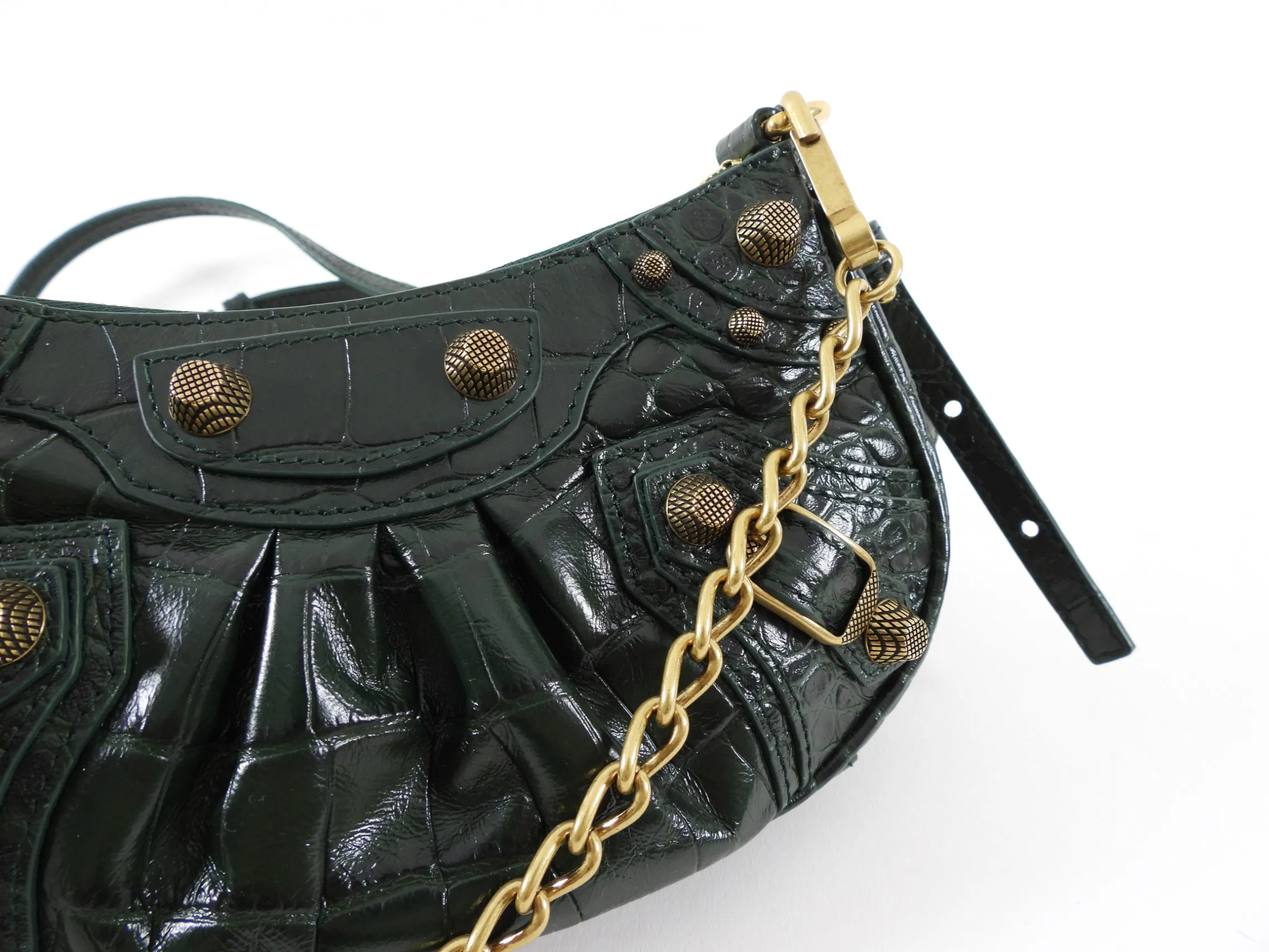 Balenciaga Dark Green Croc Embossed Cagole XS Chain Bag