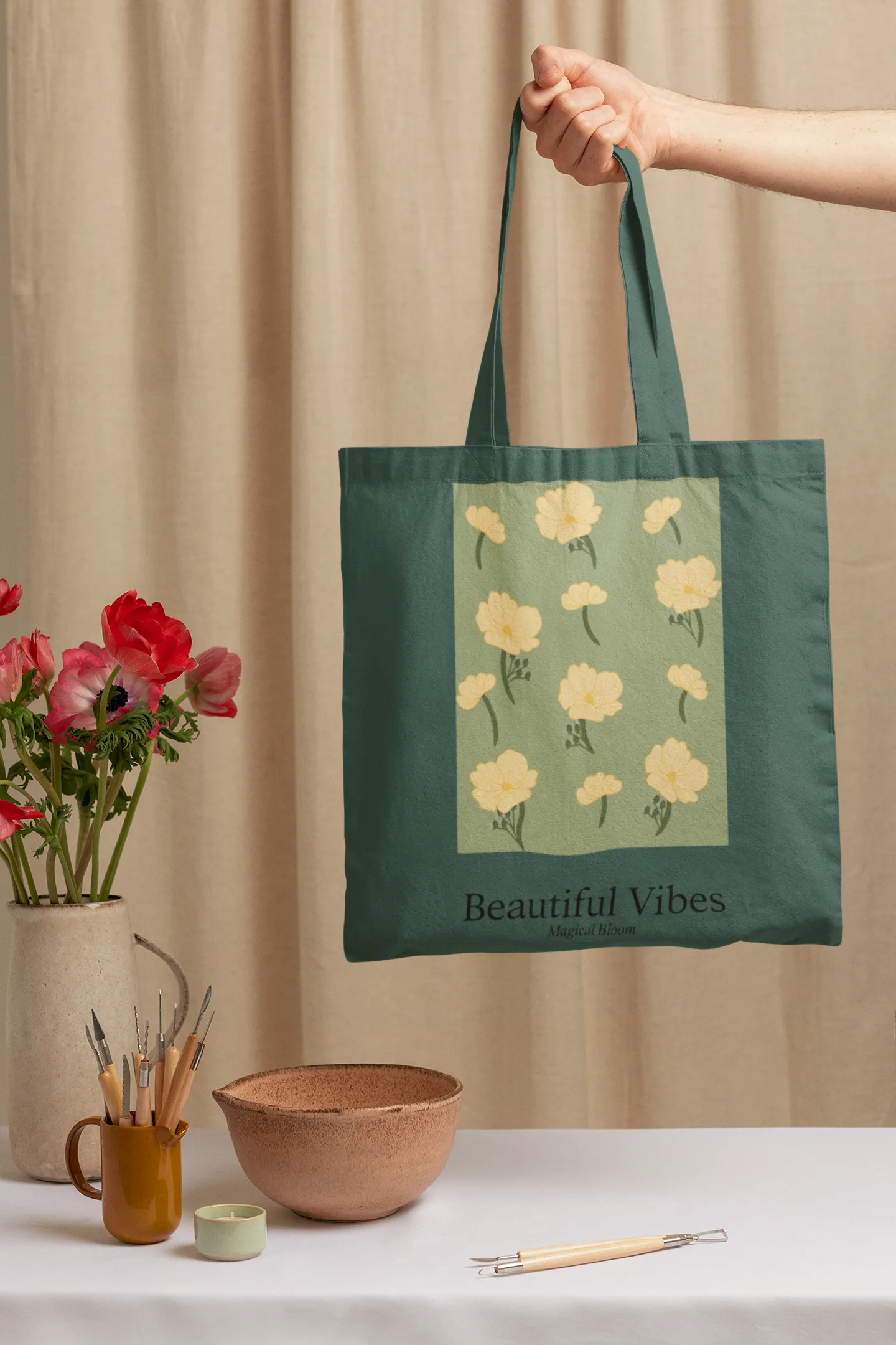 Beautiful Vibes Printed Green Tote Bag