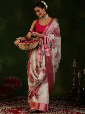 Beige Printed Silk Blend Saree With Unstitched Blouse Piece