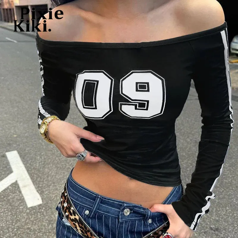 Black Cropped Tees Y2k Streetwear Off Shoulder Striped Long Sleeve Tops for Women Fall Fashion T Shirts P67-BB14