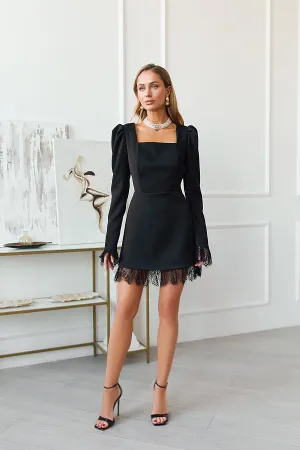 Black Lace Square Neck Mini Dress