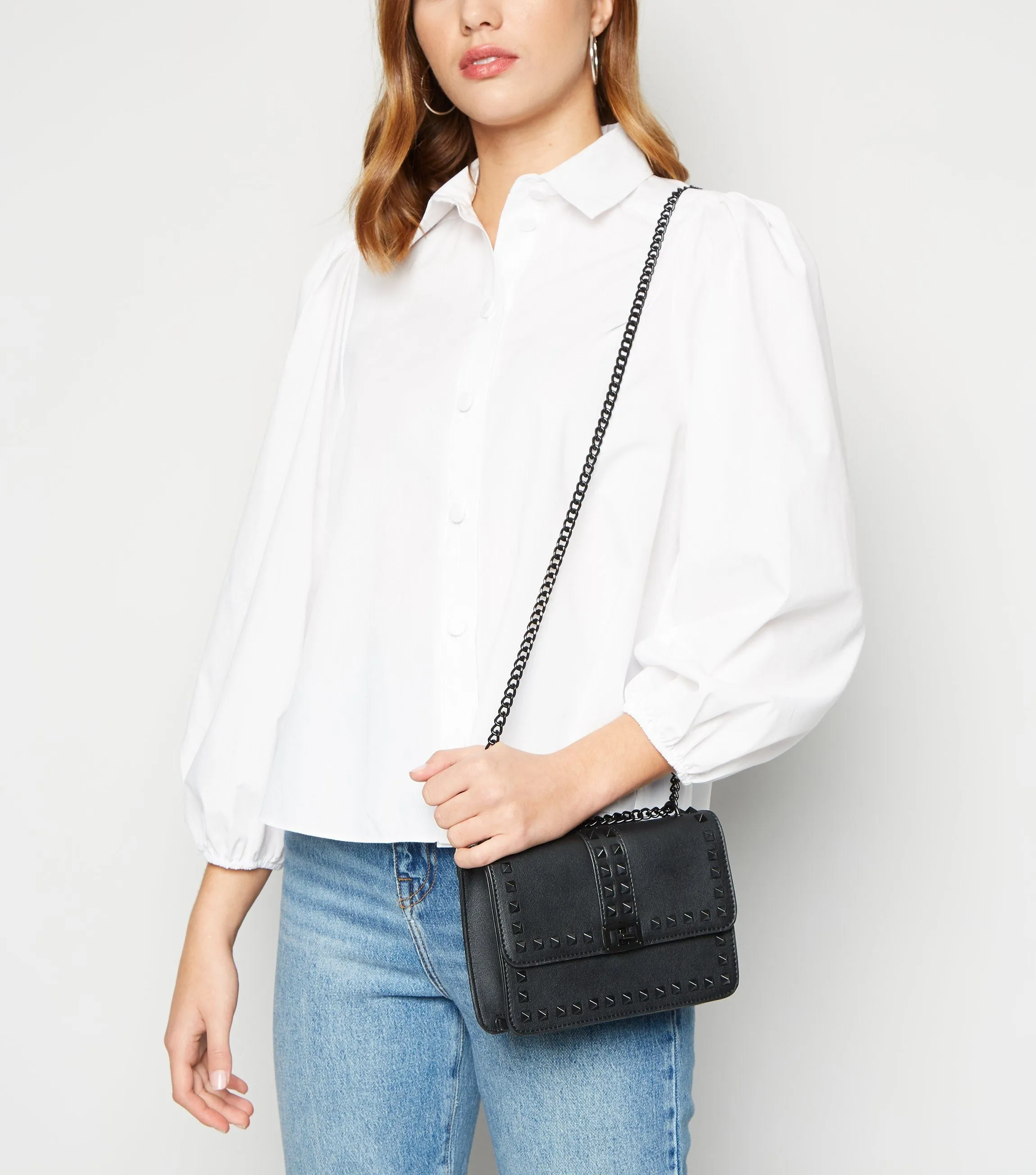 Black Leather Look Stud Chain Shoulder Bag