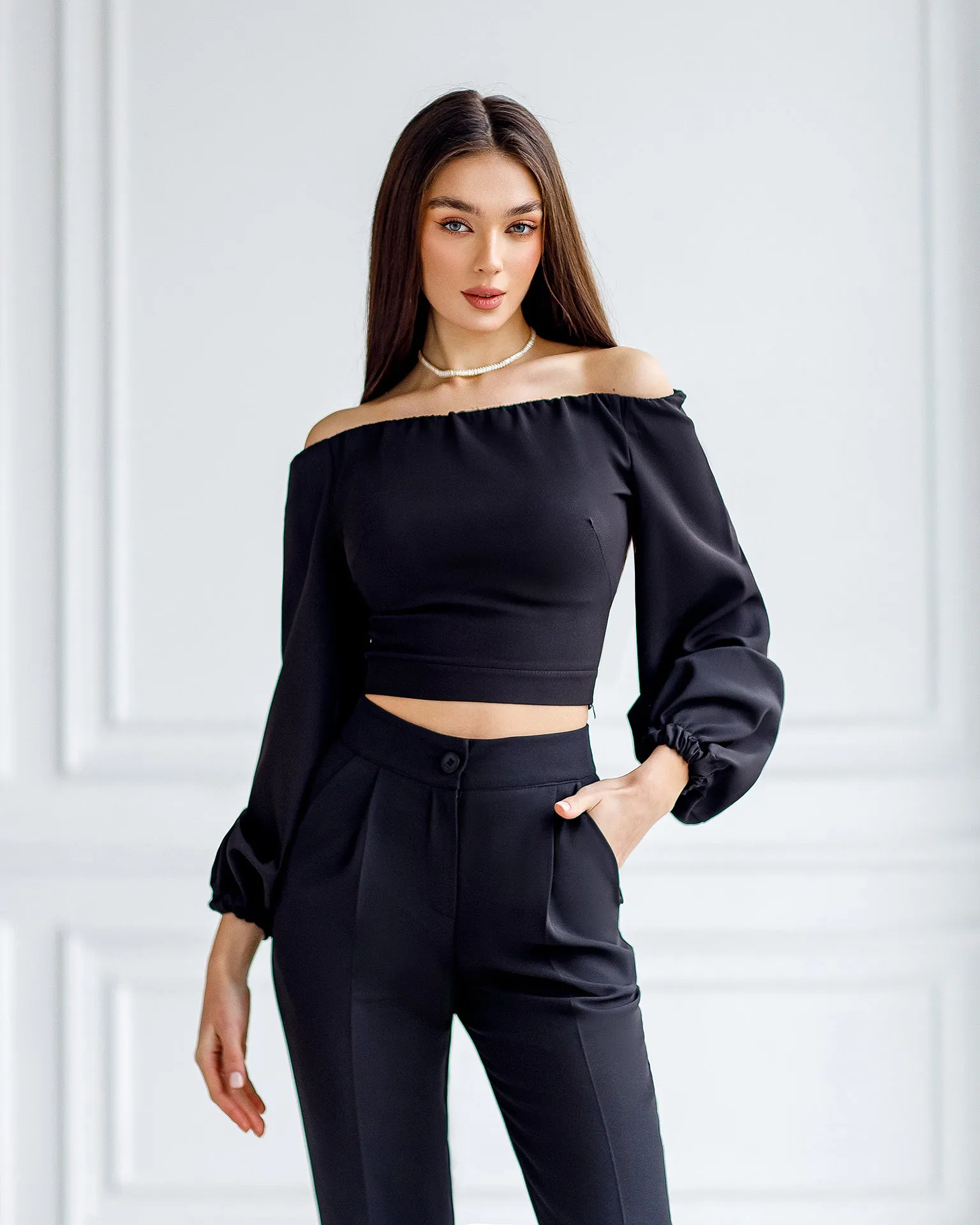 Black Off-The-Shoulder Puff-Sleeve Top