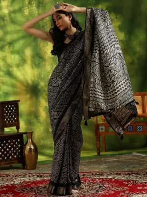 Black Printed Silk Blend Saree With Unstitched Blouse Piece