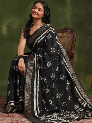 Black Printed Silk Blend Saree With Unstitched Blouse Piece