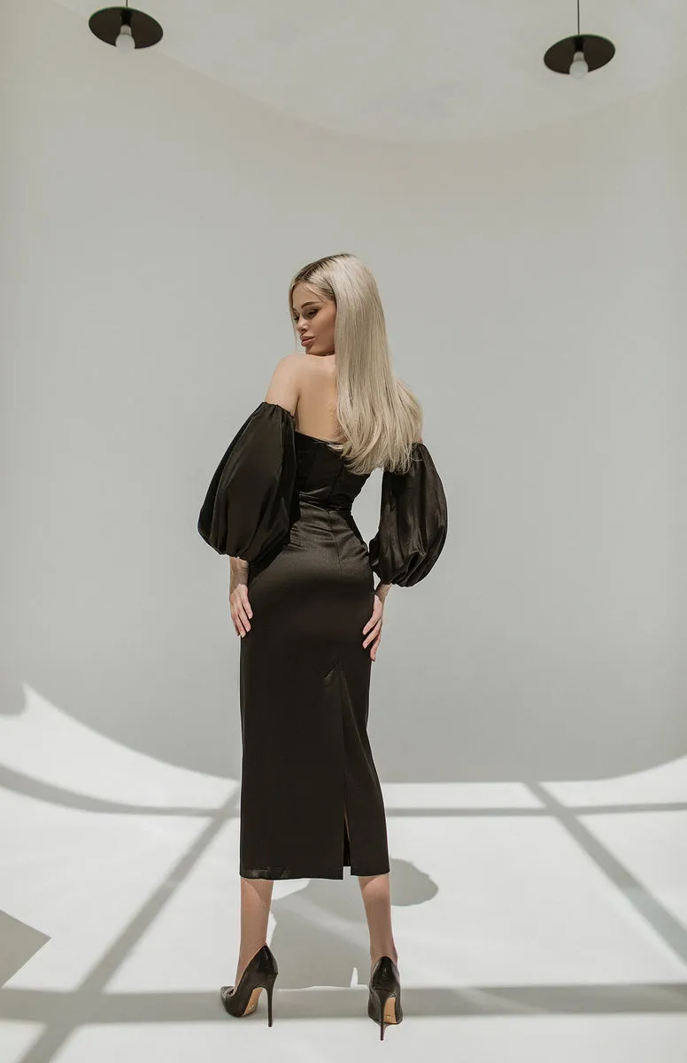 Black Puffed Sleeve Midi Prom Dress