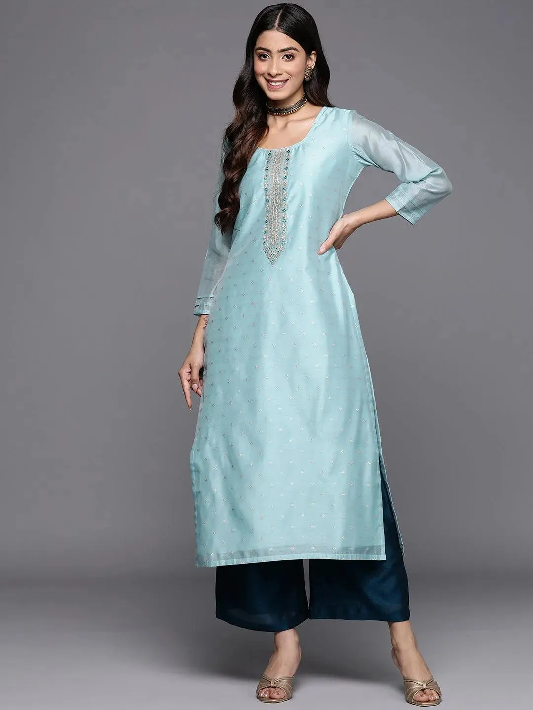 Blue Self Design Chanderi Silk Straight Kurta