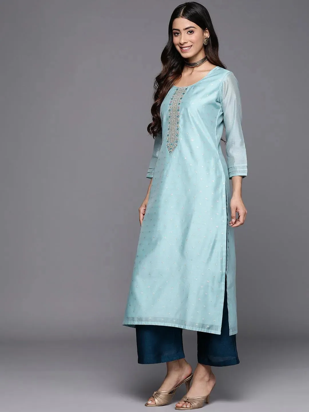 Blue Self Design Chanderi Silk Straight Kurta