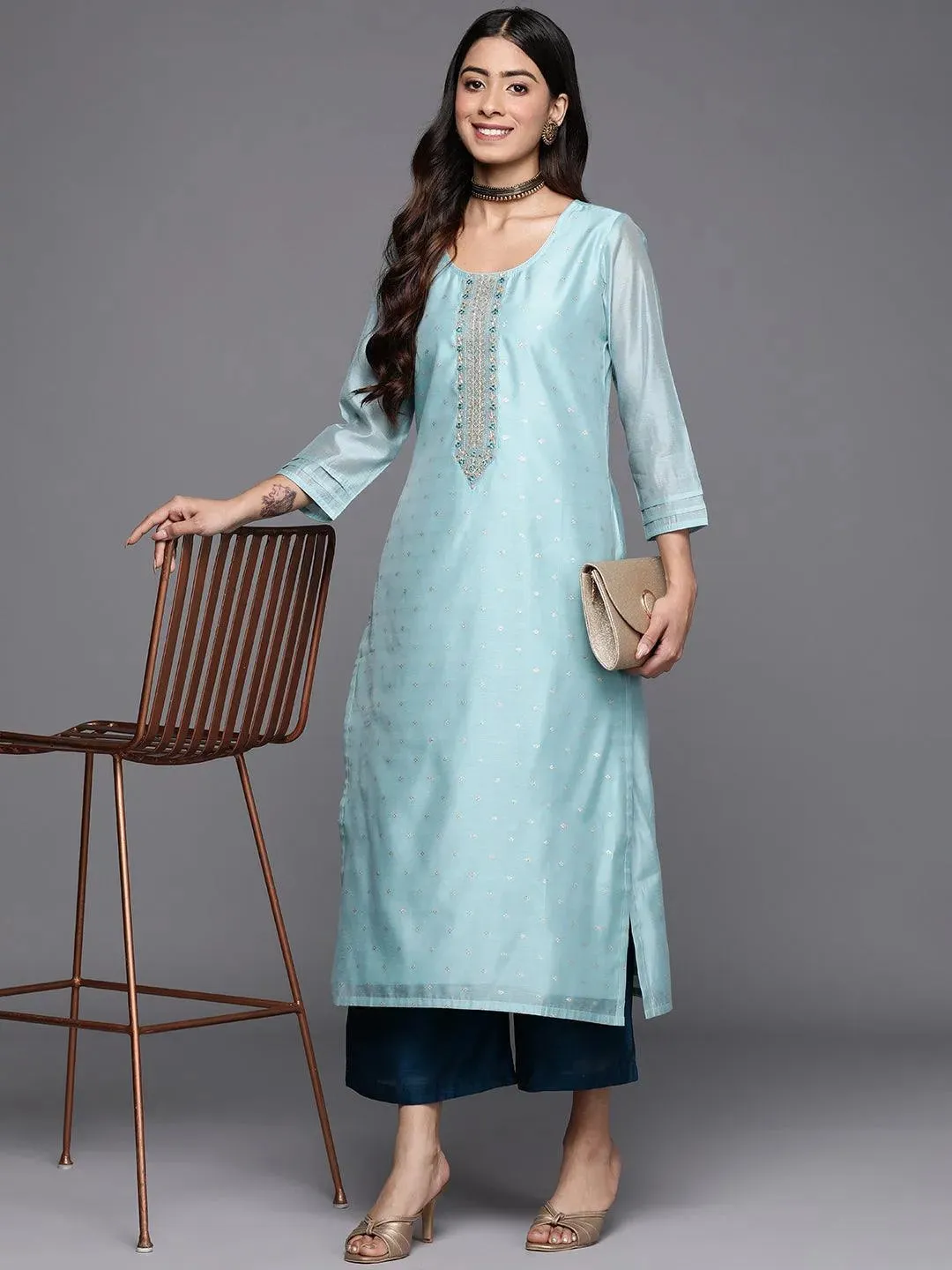 Blue Self Design Chanderi Silk Straight Kurta