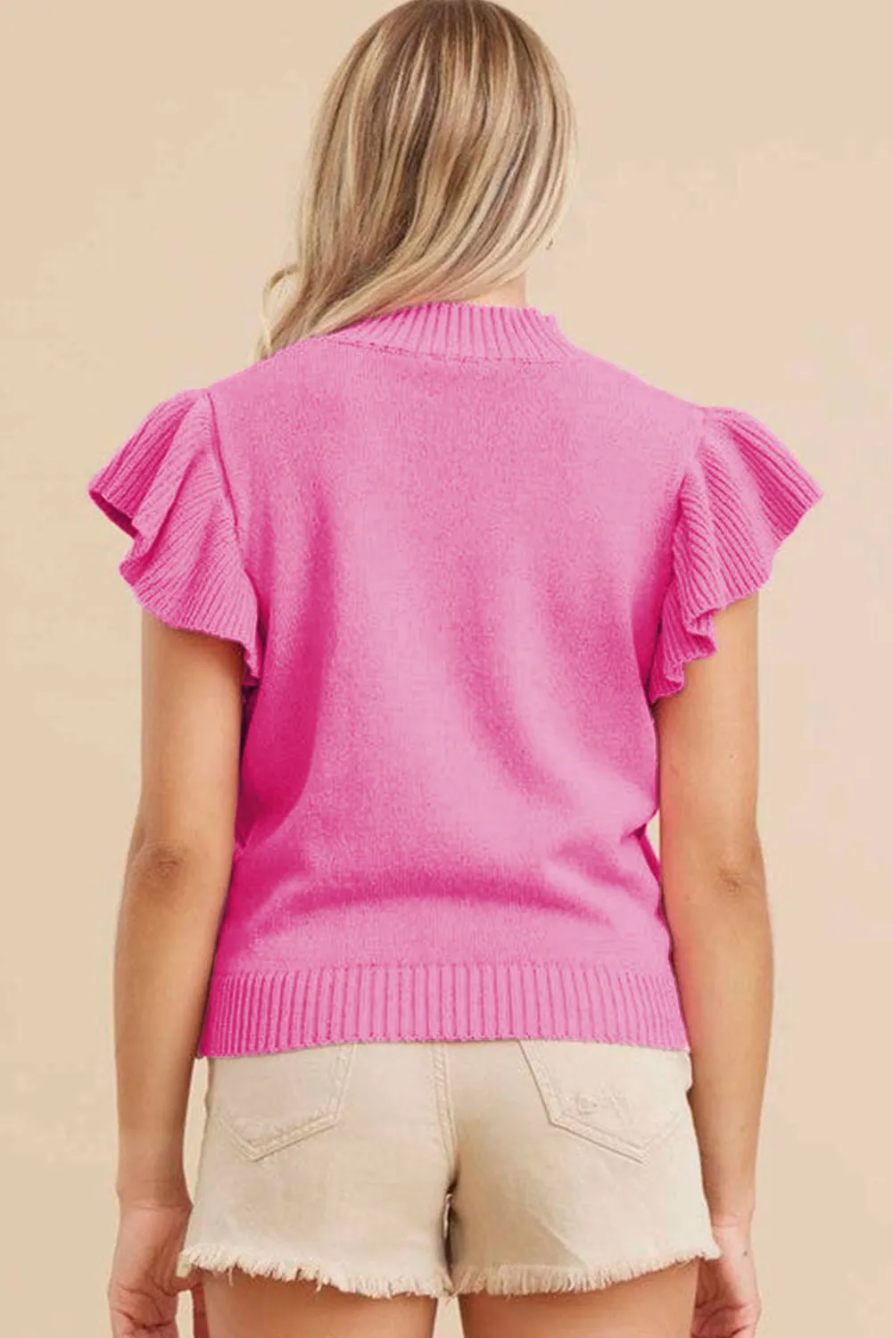 Bonbon Ribbed Mock Neck Ruffled Short Sleeve Sweater