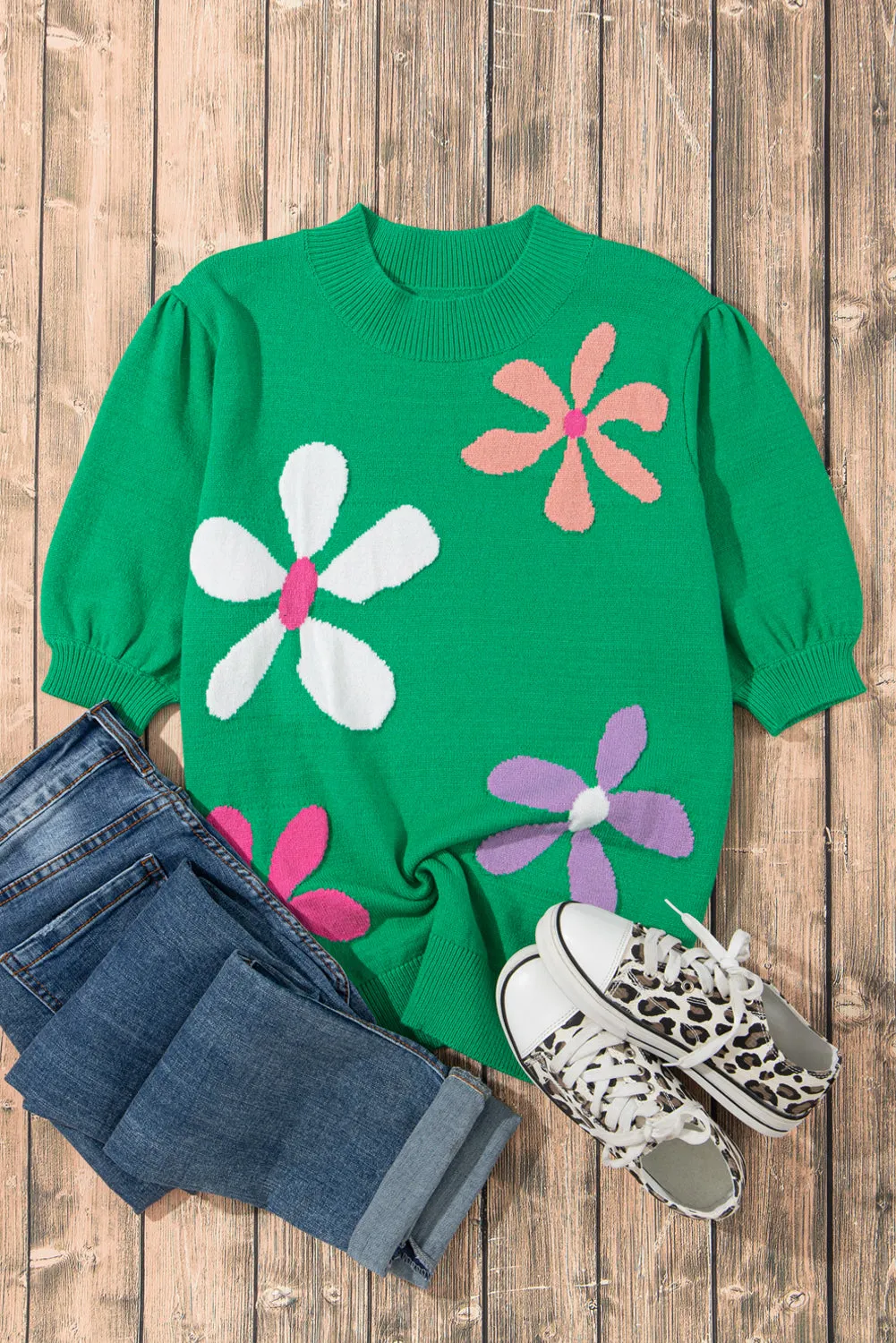 Bright Green Floral Bubble Short Sleeve Sweater