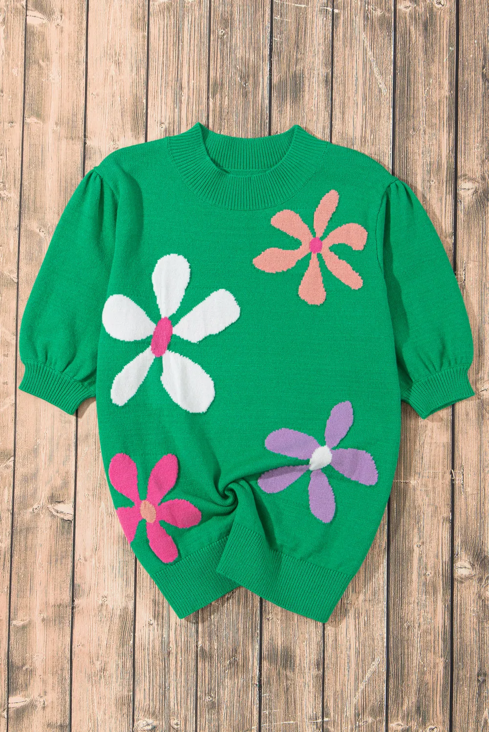 Bright Green Floral Bubble Short Sleeve Sweater