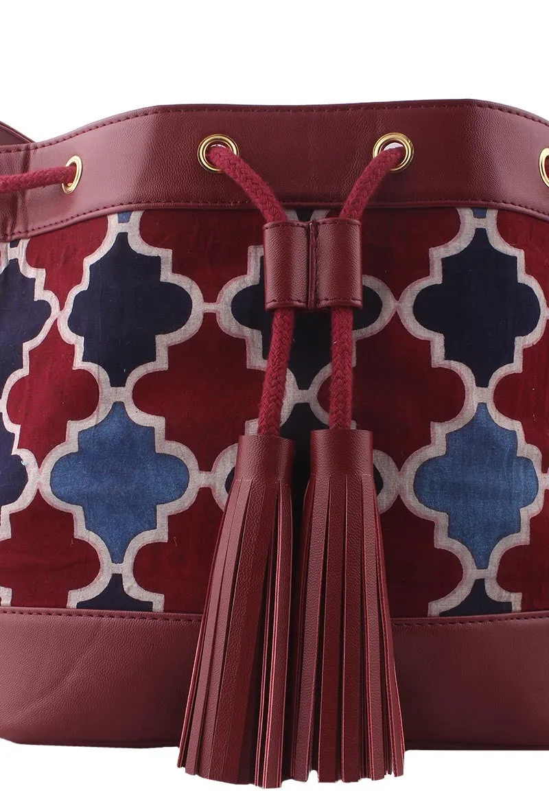 Burgundy Ajrakh Print Bucket Bag