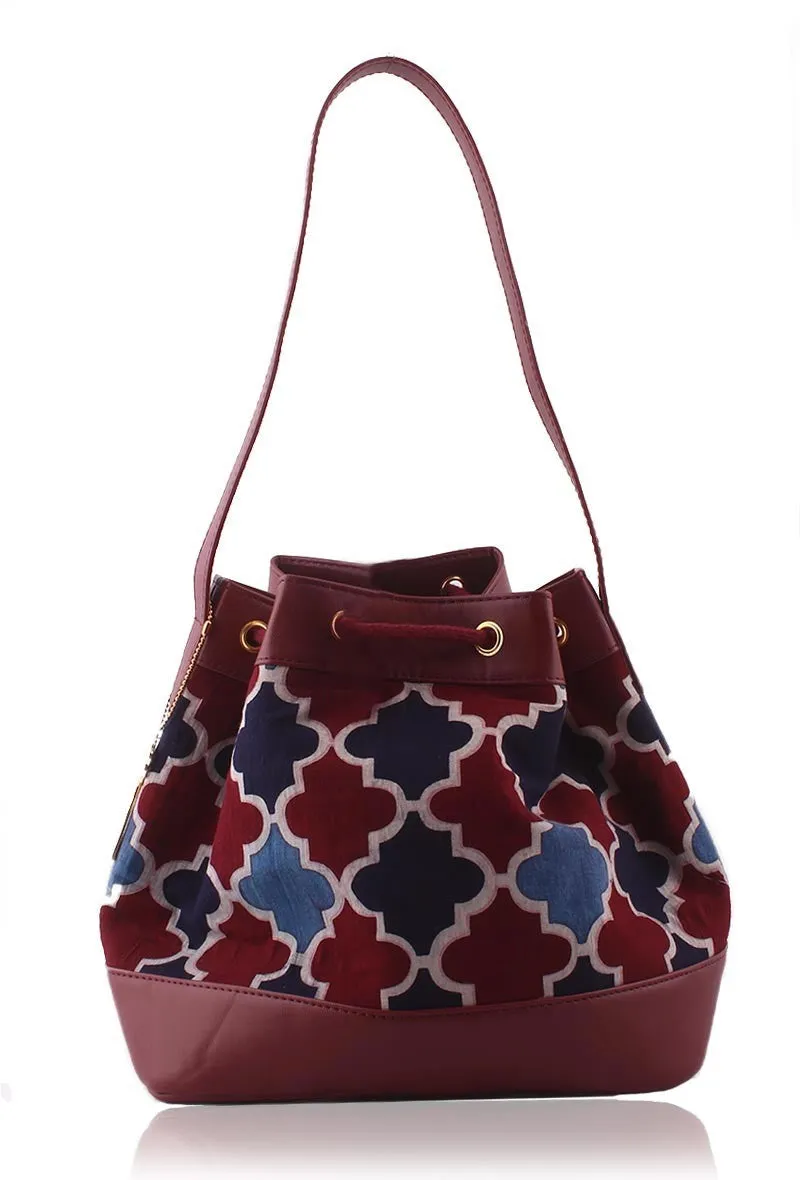 Burgundy Ajrakh Print Bucket Bag