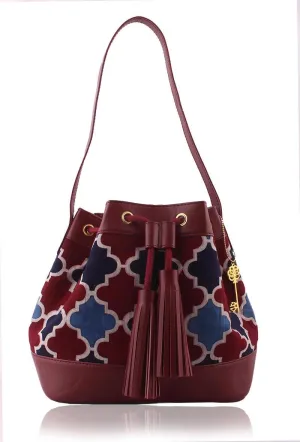 Burgundy Ajrakh Print Bucket Bag