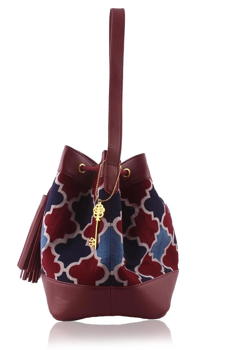 Burgundy Ajrakh Print Bucket Bag