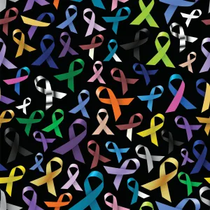 Cancer Fabric, Multi Cancer Awareness Ribbon on Black, Cotton or Fleece 2260