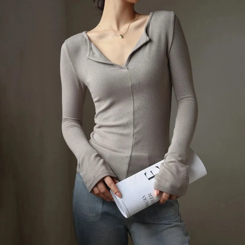 Casual Fitness Basic Long Sleeve Tee Shirt Female Stitch Solid Autumn Top Full Sleeve All-Match Women's T-shirt Chic