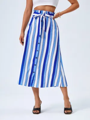 Casual Striped Paper Bag Waist High Waist Midi Women Skirt