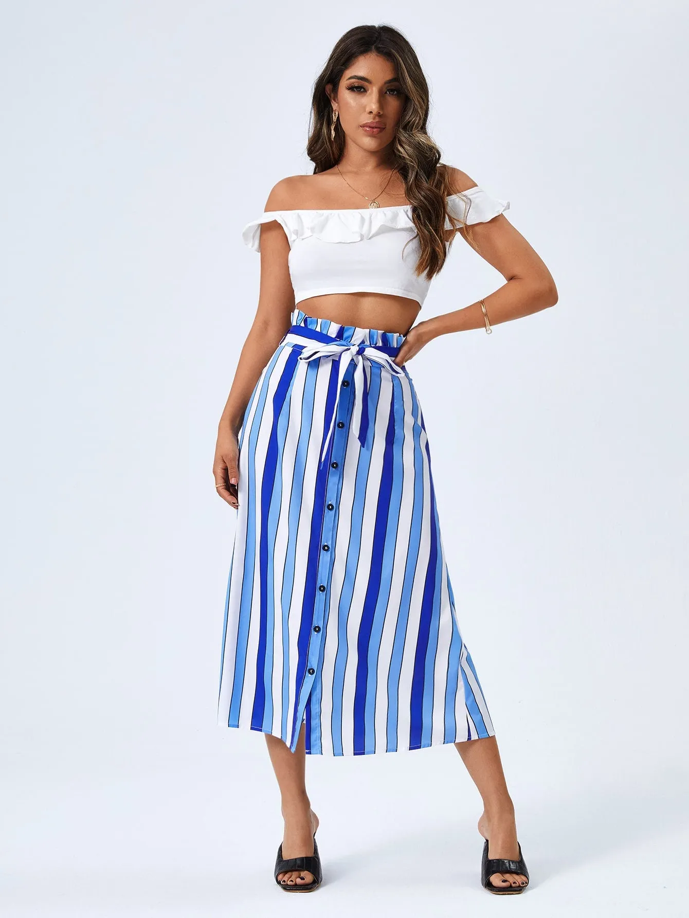 Casual Striped Paper Bag Waist High Waist Midi Women Skirt