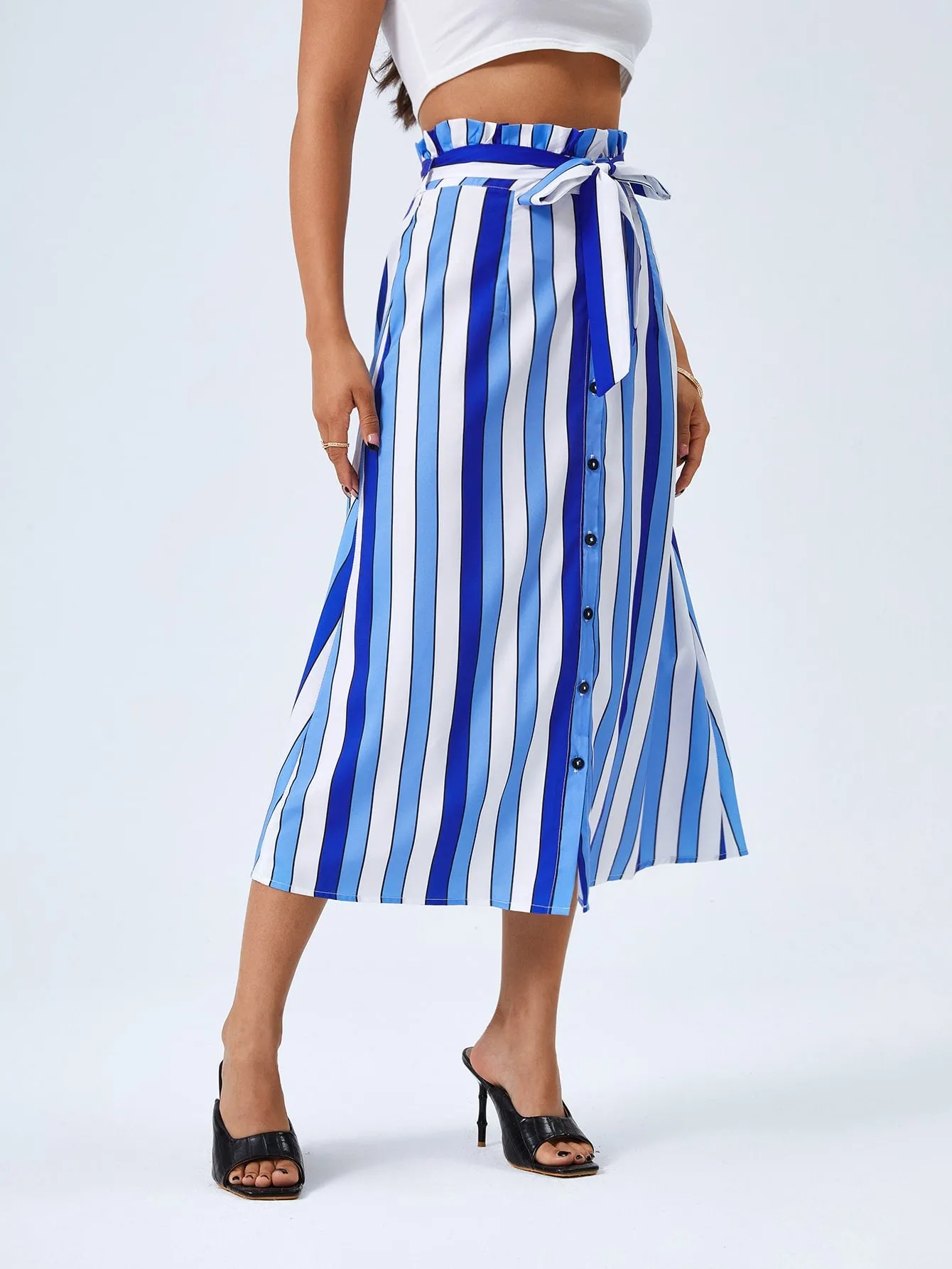 Casual Striped Paper Bag Waist High Waist Midi Women Skirt