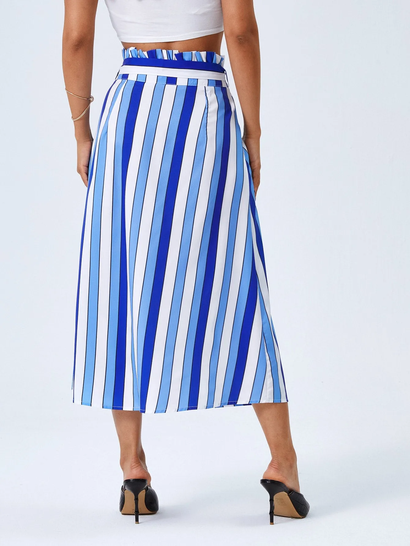 Casual Striped Paper Bag Waist High Waist Midi Women Skirt